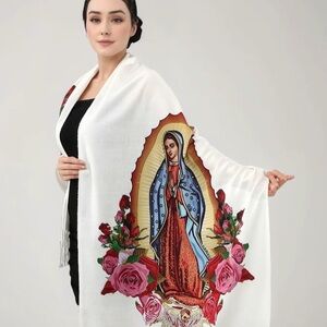 Virgin Mary Print White Shawl